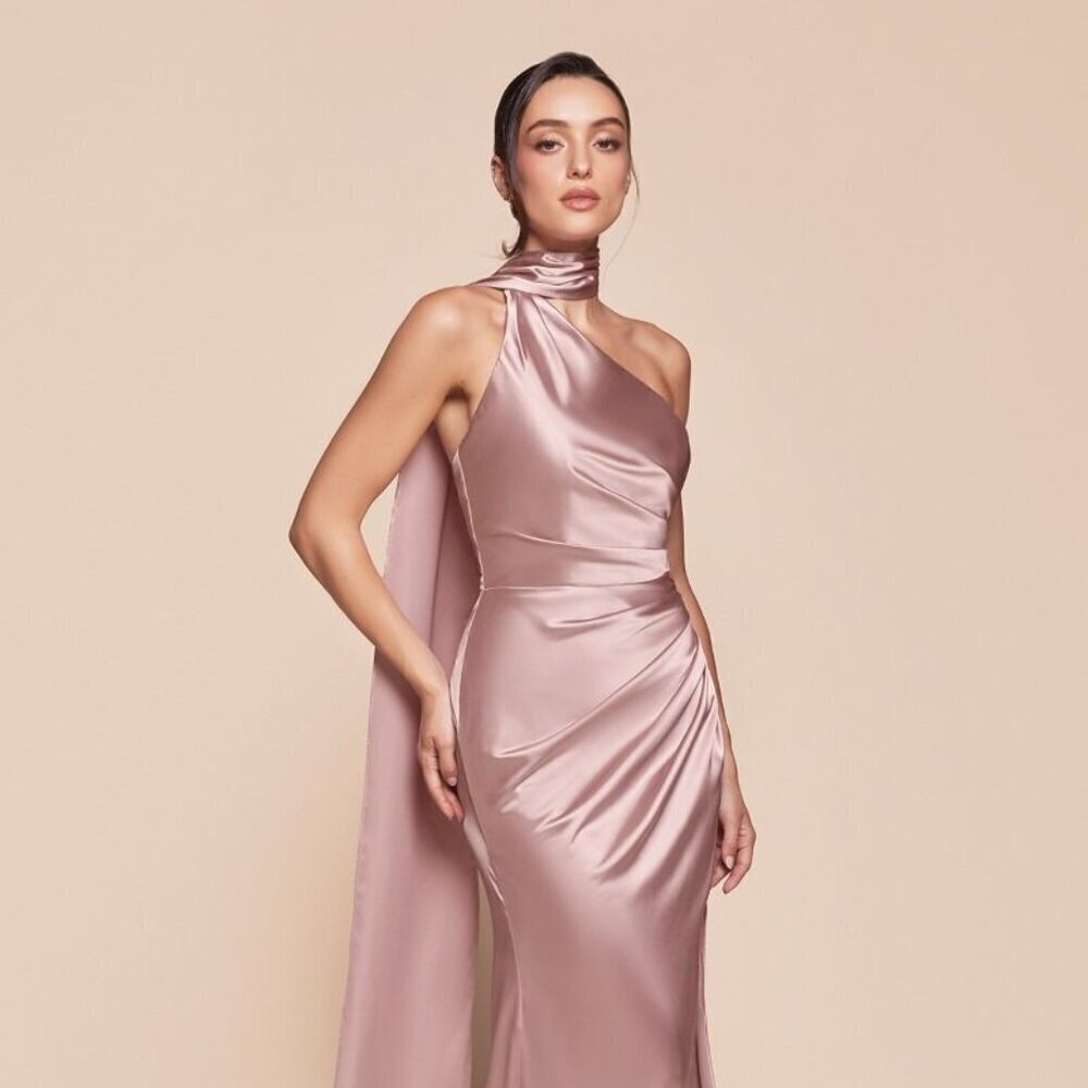 NEW FORMAL SHEATH SATIN DRESS W/ WRAP HALTER NECK LEG SLIT & ZIPPER BACK CD 7454 - Picture 9 of 11